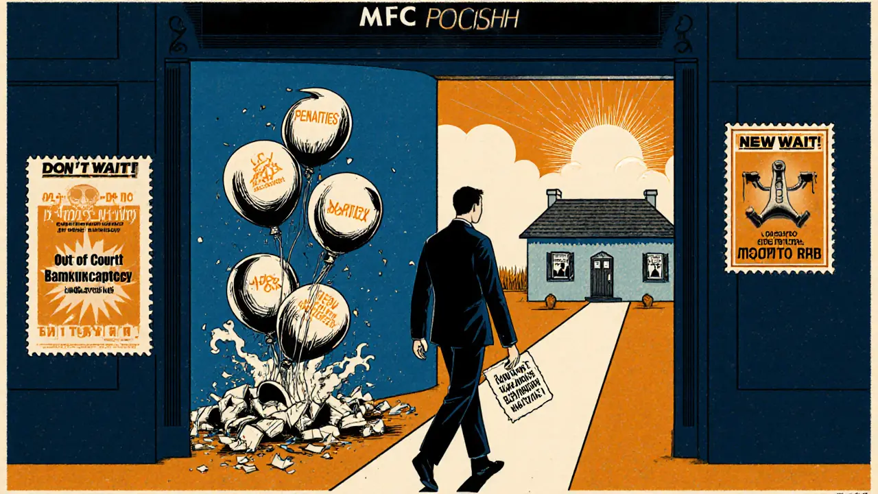 Мужчина получает документ о досудебном банкротстве, а позади него взрывается башня долгов и пеней.