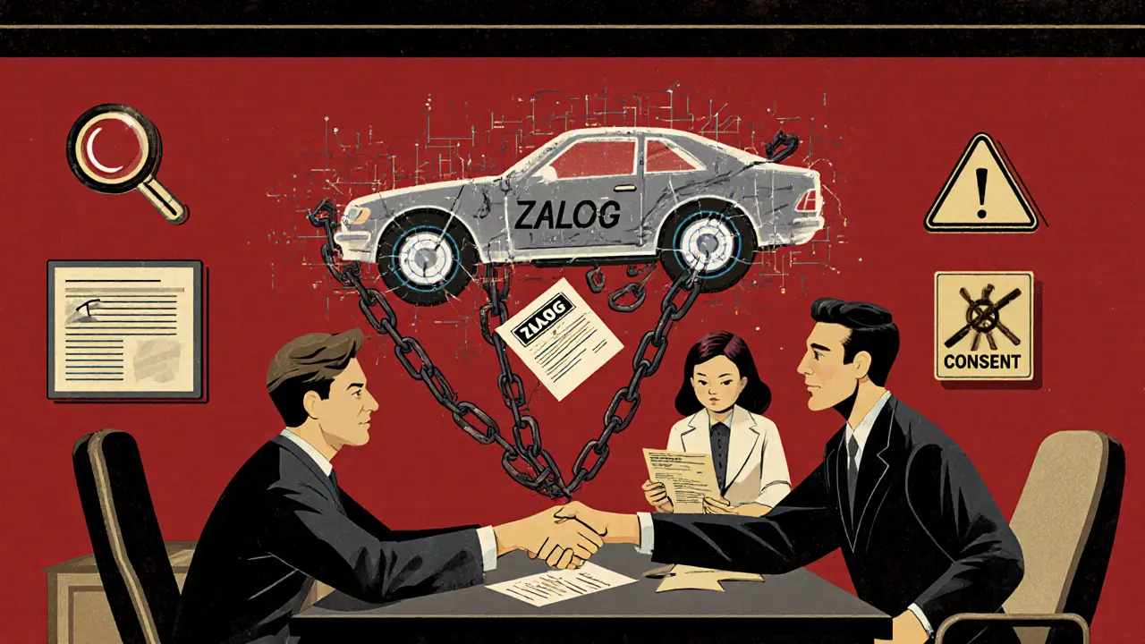 Покупатель и продавец в банке, над автомобилем разрываются цепи обременения, появляется электронный ПТС.