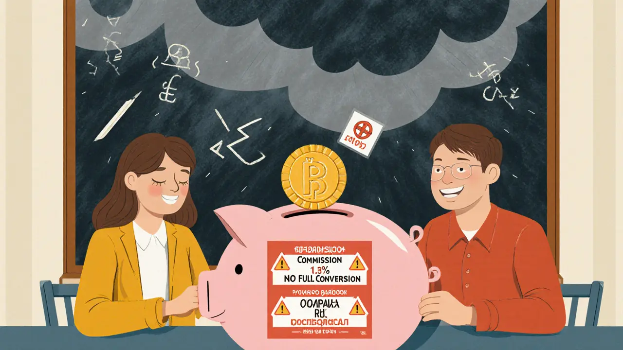 Семья кладет деньги в трехсекционную копилку с предупреждениями о комиссиях и ограничениях.