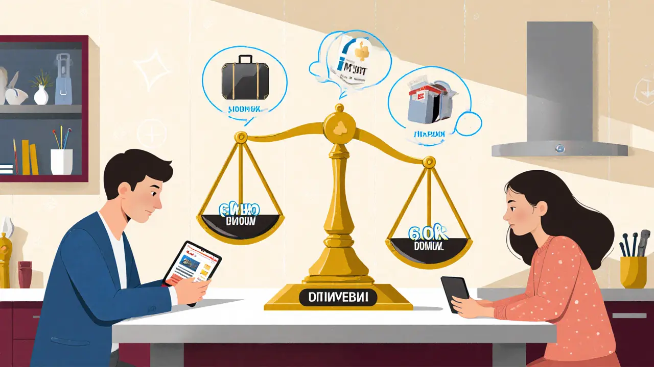 Семья у стола с банковскими приложениями, весы показывают 1,4 млн в безопасности и 600 тыс. в пропасти потерь.