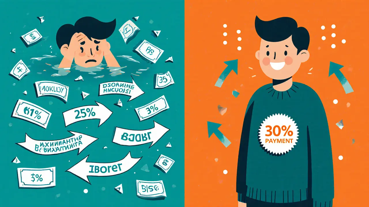 Сравнение: человек под долгами vs человек с малой переплатой, в стиле графической иллюстрации.