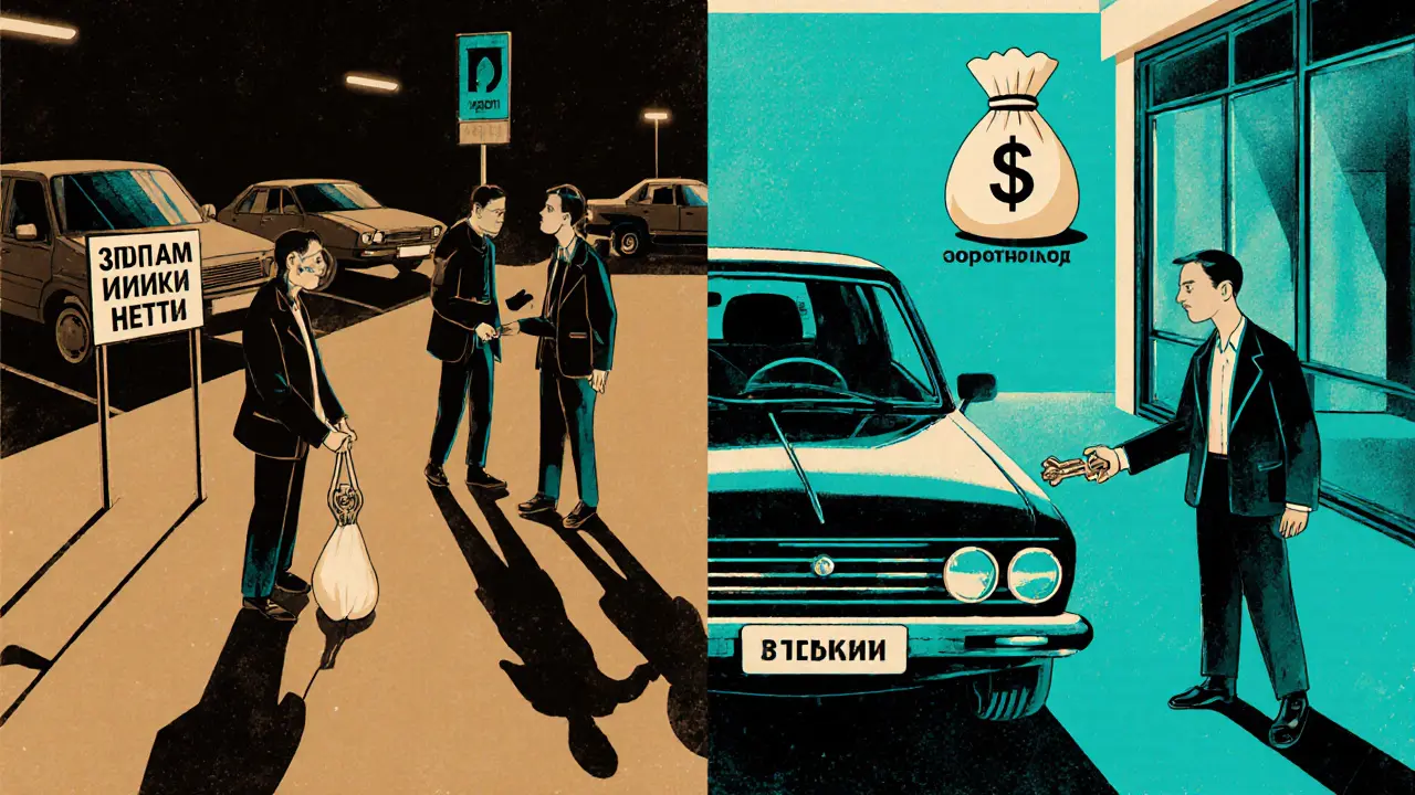 Сравнение двух путей продажи авто: стресс в темном паркинге и спокойствие в светлом автосалоне.