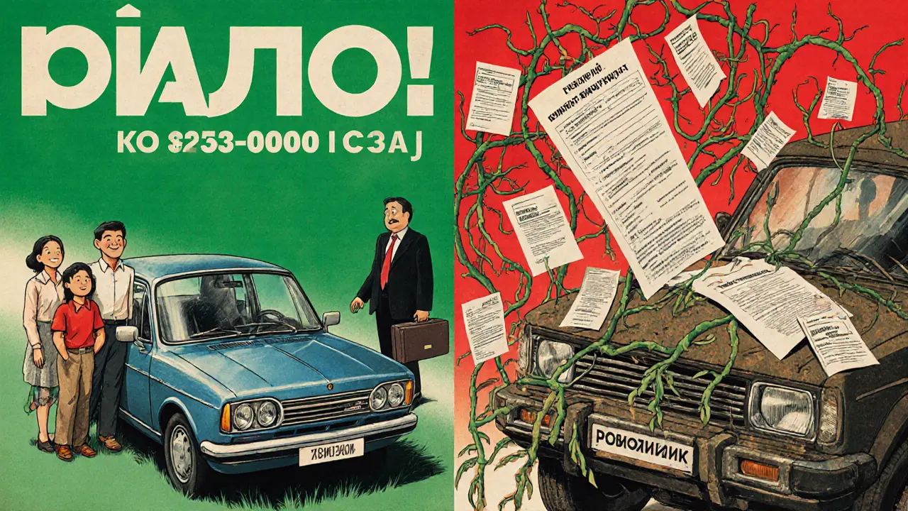 Сравнение: счастливая семья с Lada слева, мужчина в ловушке документов справа, стилизованная плакатная композиция.