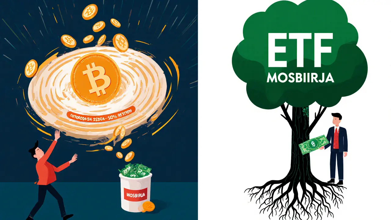 Сравнение: слепой вкладчик в криптовалюту и спокойный инвестор в ETF с растущим деревом.