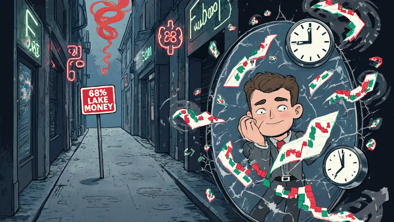 Трейдер окружен хаотичными графиками и вращающимися свечами, его отражение в зеркале показывает усталое лицо, фон — тёмный городской переулок.