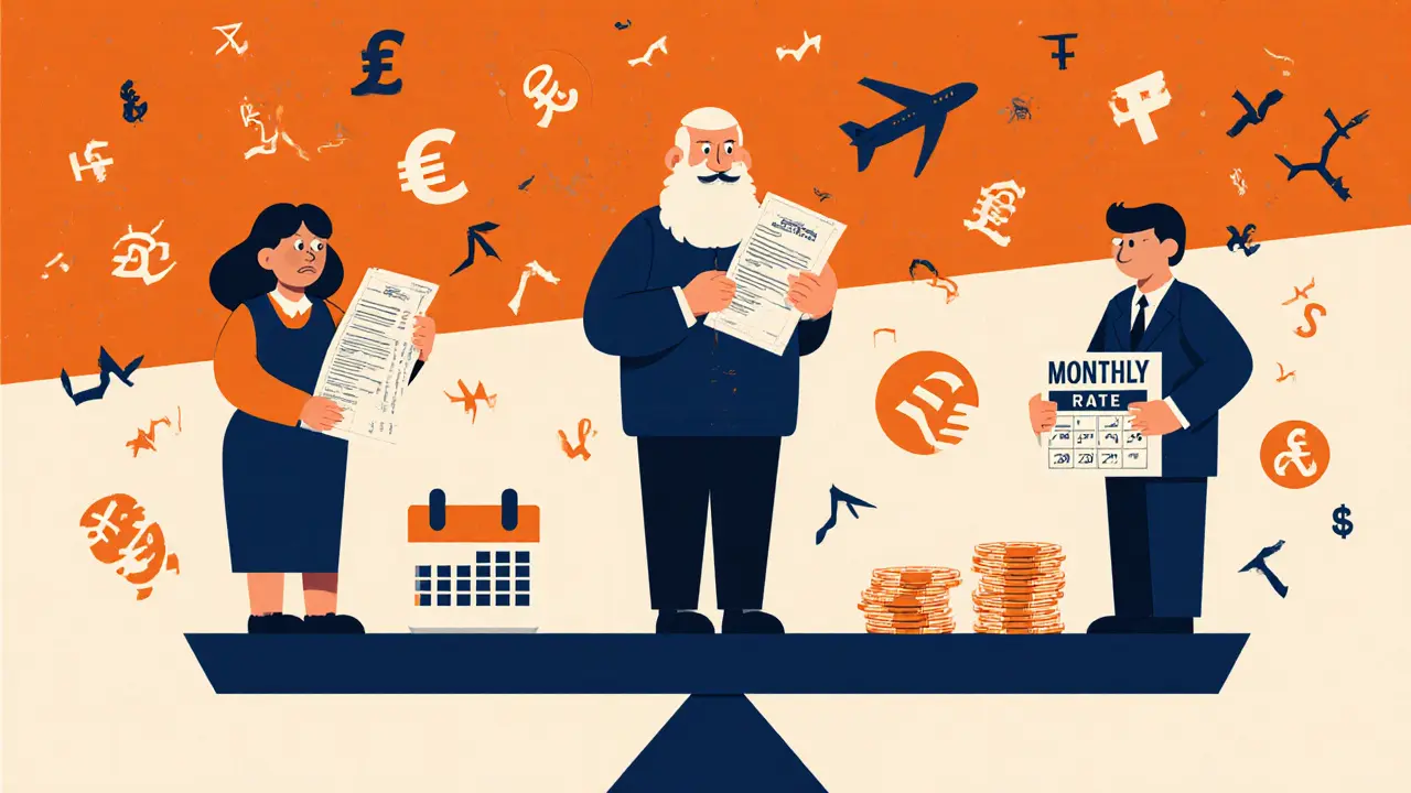 Три человека — студент, пенсионер и инвестор — стоят на весах с рублем и разными валютами.