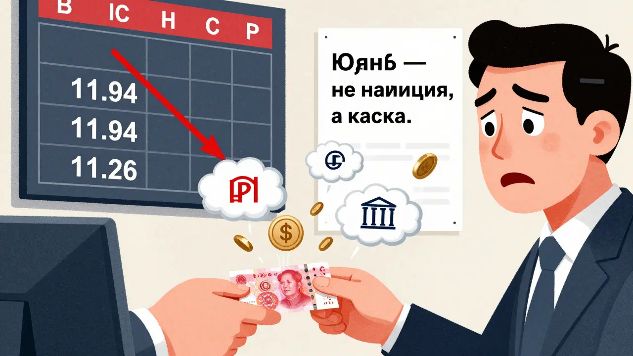Банковский служащий выдает юани, а курс падает на табло, невидимые облака забирают деньги.