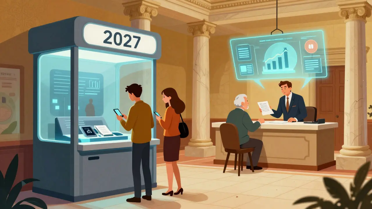 Будущее банков: цифровой киоск и старинное отделение работают вместе, ИИ предлагает решения клиенту.