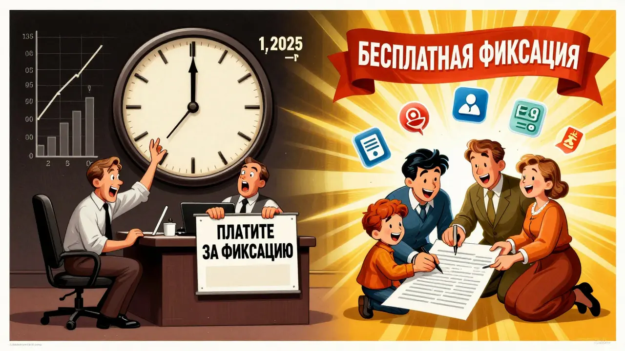 Часы бьют 1 июля 2025 года: банк убирает плату за фиксацию, семья подписывает выгодный договор — яркий плакатный стиль.