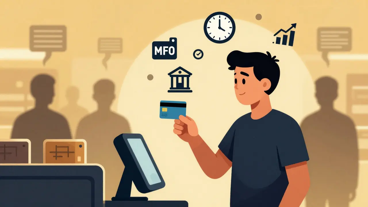 Человек использует кредитную карту, а плохие займы исчезают в дыму.