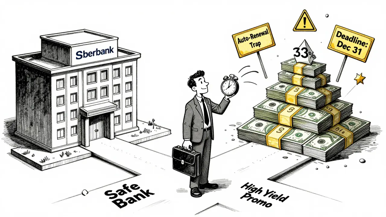 Человек на распутье: безопасный банк против привлекательной, но хрупкой акции с предупреждениями о скрытых ловушках.