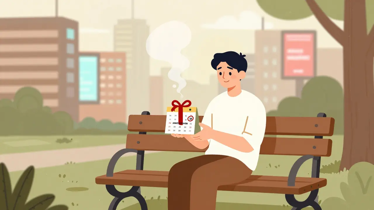 Человек сидит в парке с маленькой покупкой, вокруг — тлеющие магазины и экраны.