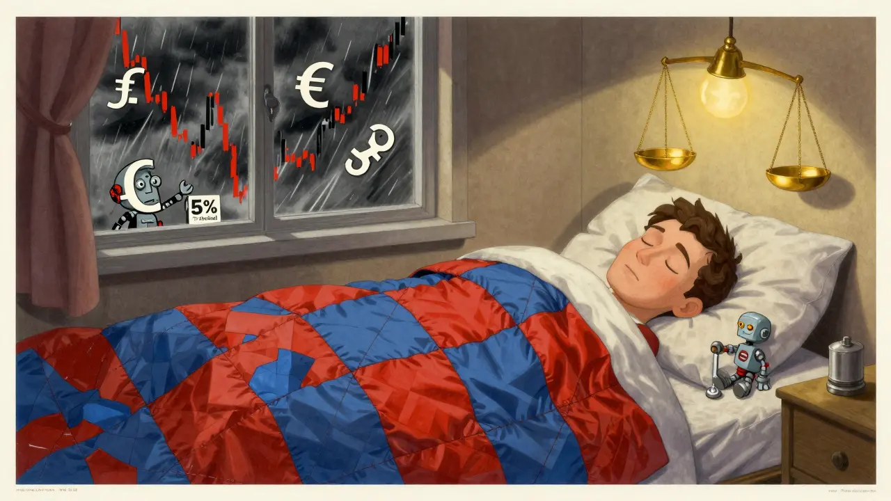 Человек спит под одеялом из акций и облигаций, а робот настраивает порог в 5%, символизируя дисциплину инвестирования.