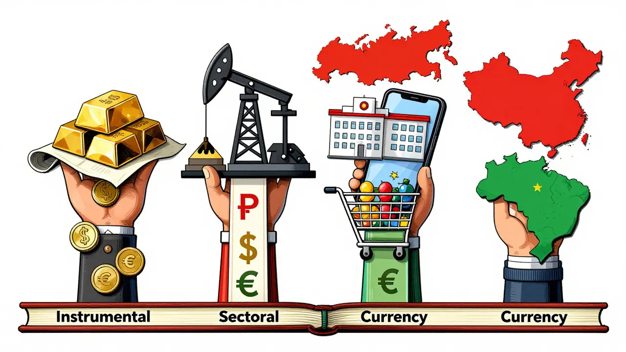 Четыре типа диверсификации — инструменты, сектора, валюты и география — как устойчивые столбы, поддерживающие финансовый портфель.