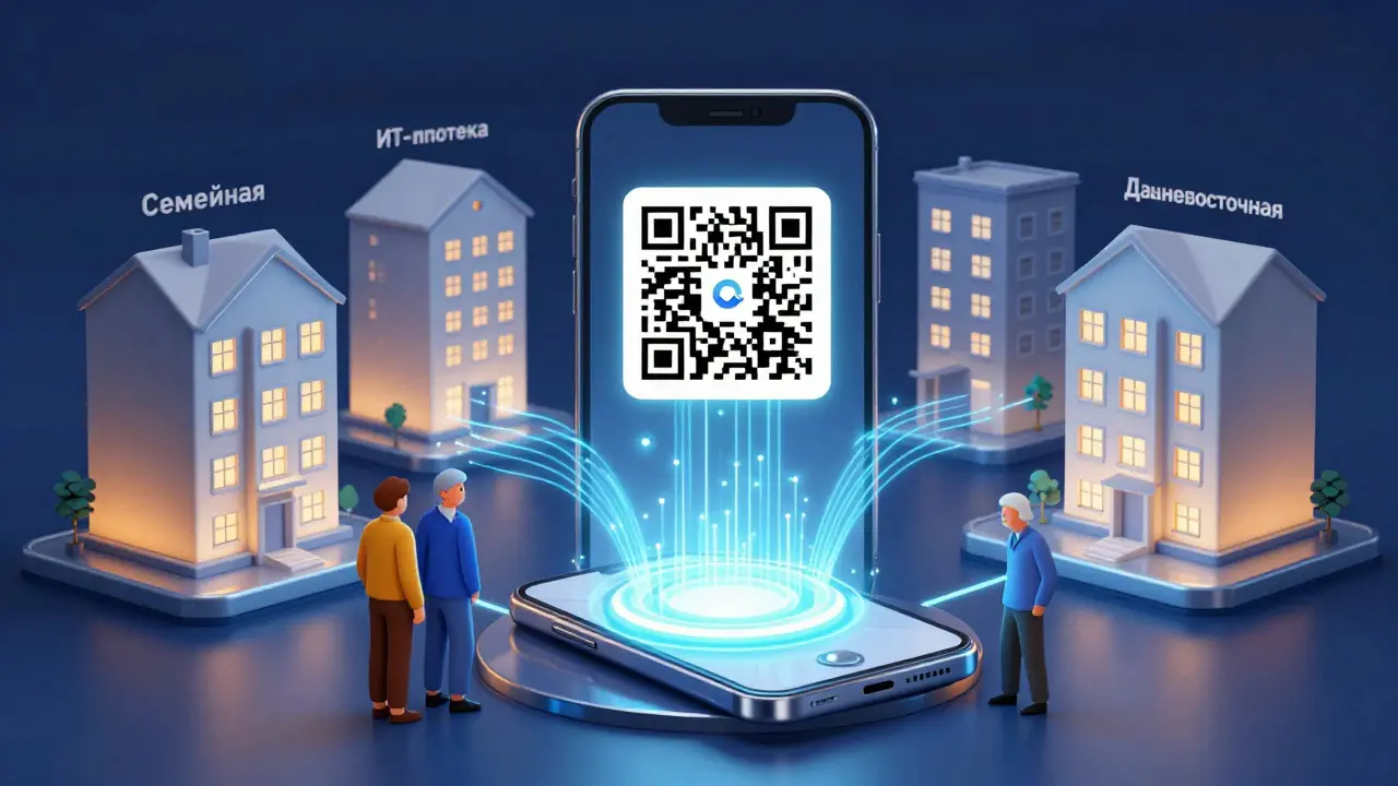 Цифровая платформа сканирует QR-код, соединяя его с ипотечными программами, пара и родитель стоят рядом в стиле польского плаката.