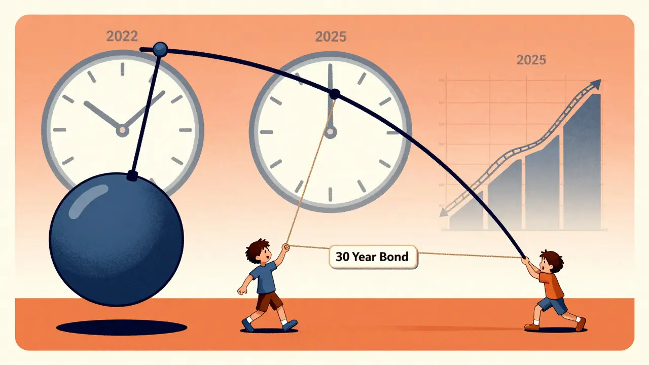 Дети держат маятники: один сильно качается (30 лет), другой почти неподвижен (3 года).
