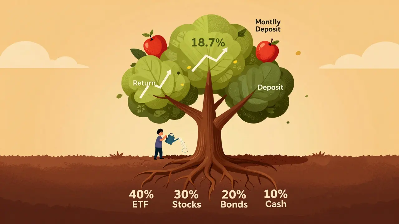 Финансовый портфель как дерево с корнями из ETF, акций, облигаций и наличных.