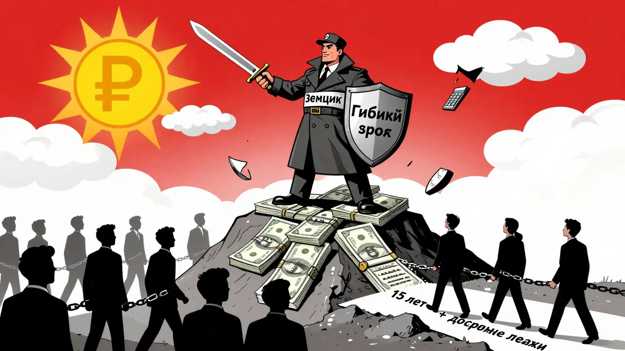 Герой на горе из денег с мечом-калькулятором; люди в цепях 30-летних ипотек, другие идут по пути к свободе.