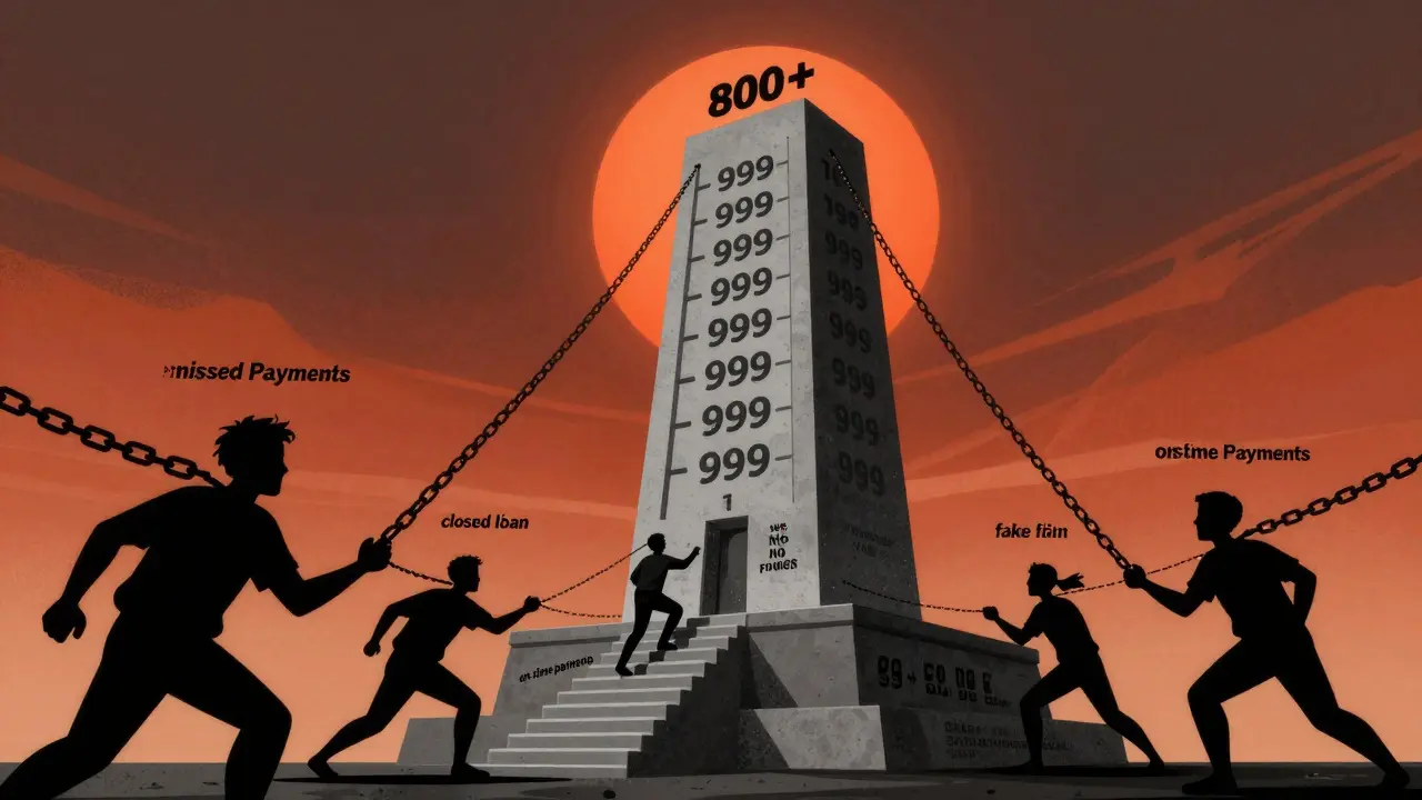Гигантская шкала кредитного рейтинга как памятник, человек поднимается вверх, а тени пытаются сорвать его с пути.