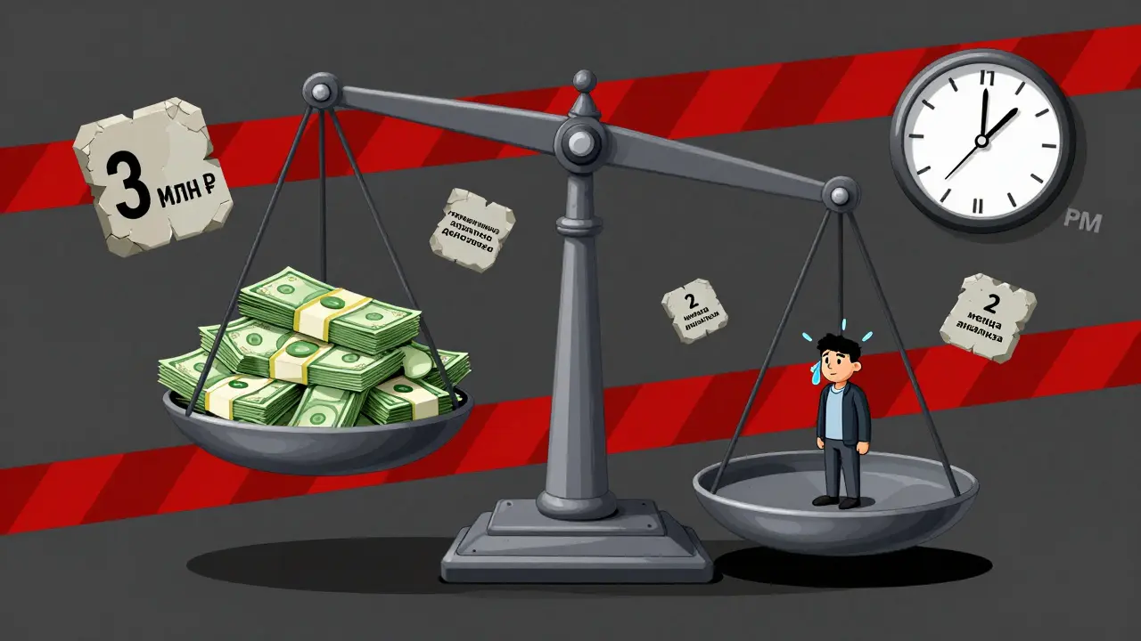 Гигантские весы показывают, как клиент с малым балансом борется с сложными условиями премиального обслуживания.