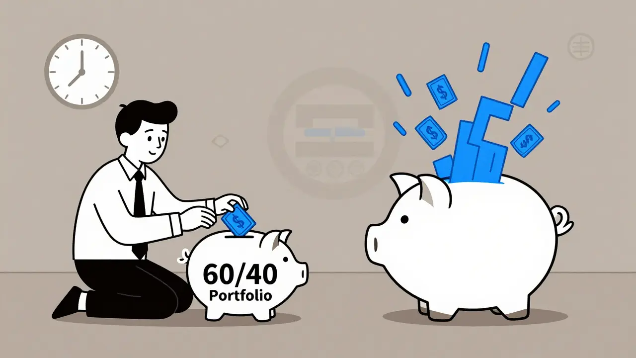 Инвестор добавляет деньги в маленькую часть копилки с облигациями, пока акции переполняют другую сторону.