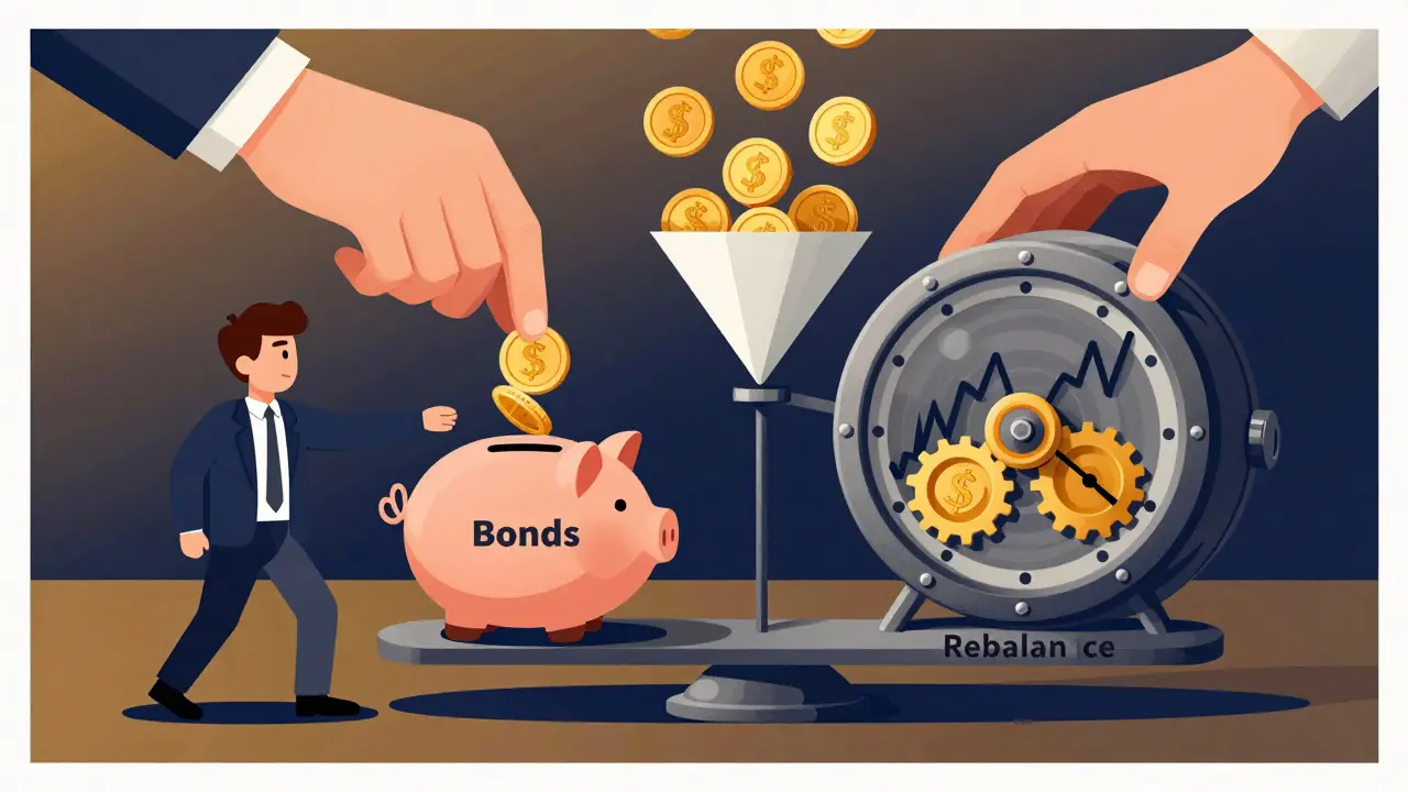 Инвестор добавляет деньги в облигации, а прибыль от акций уходит в хранилище, визуализируя ребалансировку без продаж.
