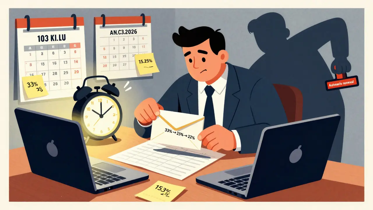 Инвестор с календарями и ноутбуком аккуратно переключает вклады между банками, часы показывают дату окончания акции.