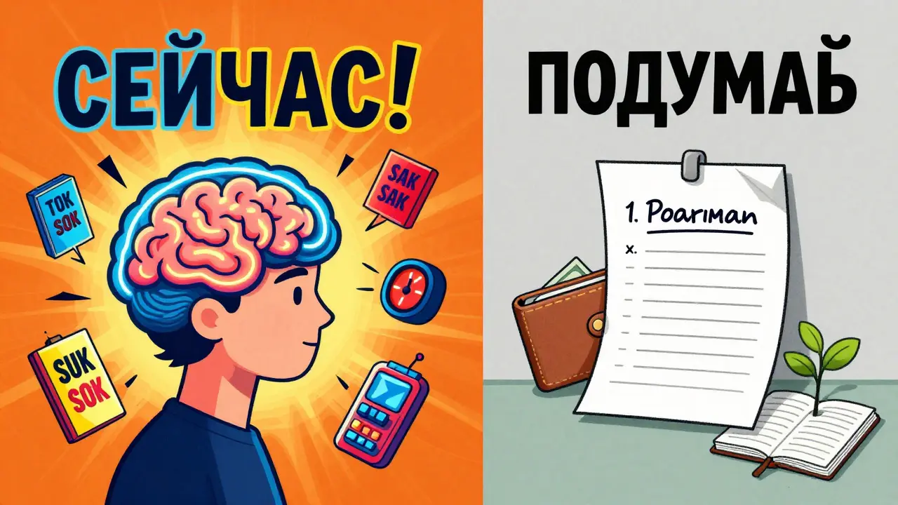 Левая часть разума — хаос рекламы, правая — спокойный список и бюджет.