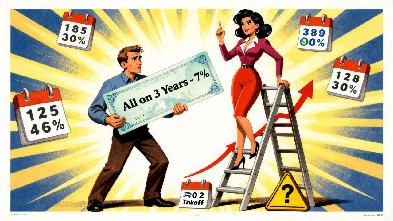 Мужчина с одним большим вкладом против женщины на лестнице из нескольких вкладов с растущими процентами.