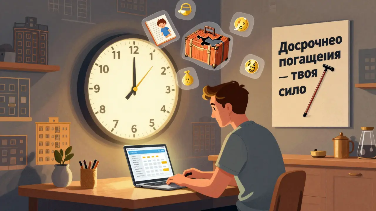 Мужчина смотрит на ноутбук с ипотечным калькулятором; вокруг — образы сбережений: книга, чемодан, крыша, трость.