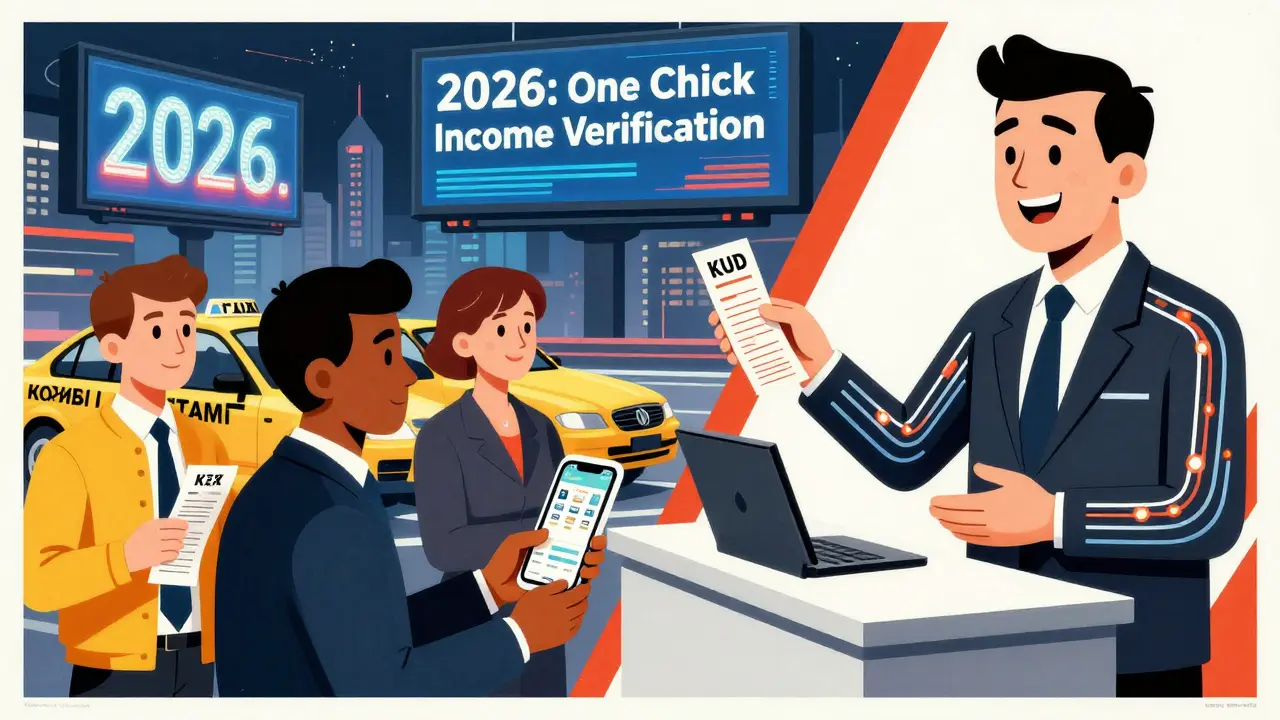 Разные работники передают доказательства дохода банку, чьё тело состоит из данных, за спиной — будущее верификации.