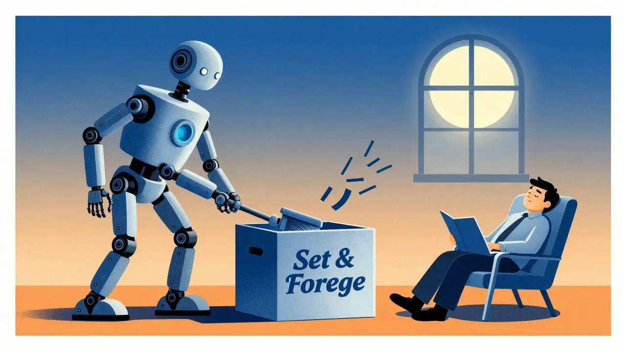 Робот-пылесос убирает излишки акций в сбалансированный портфель, инвестор спит спокойно, за окном — луна.