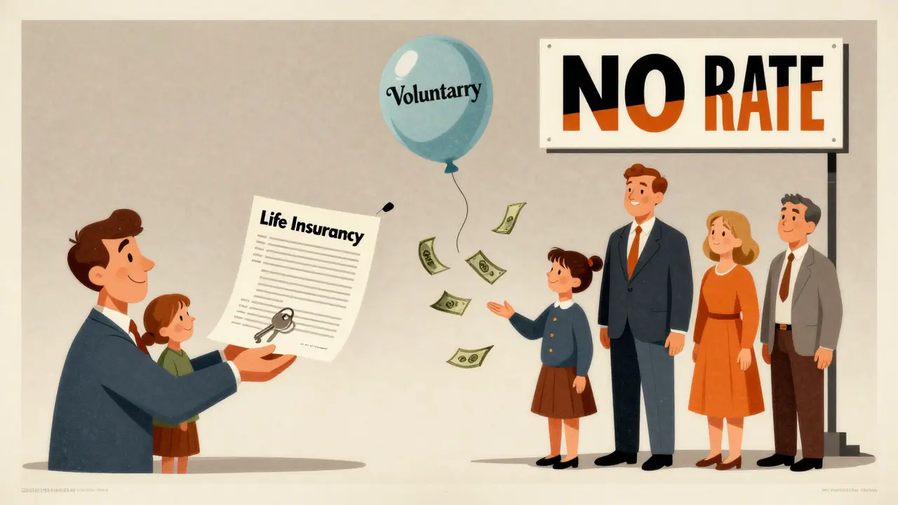 Семья с ключом от квартиры: одна сторона с добровольной страховкой жизни, другая — с更低 процентной ставкой.