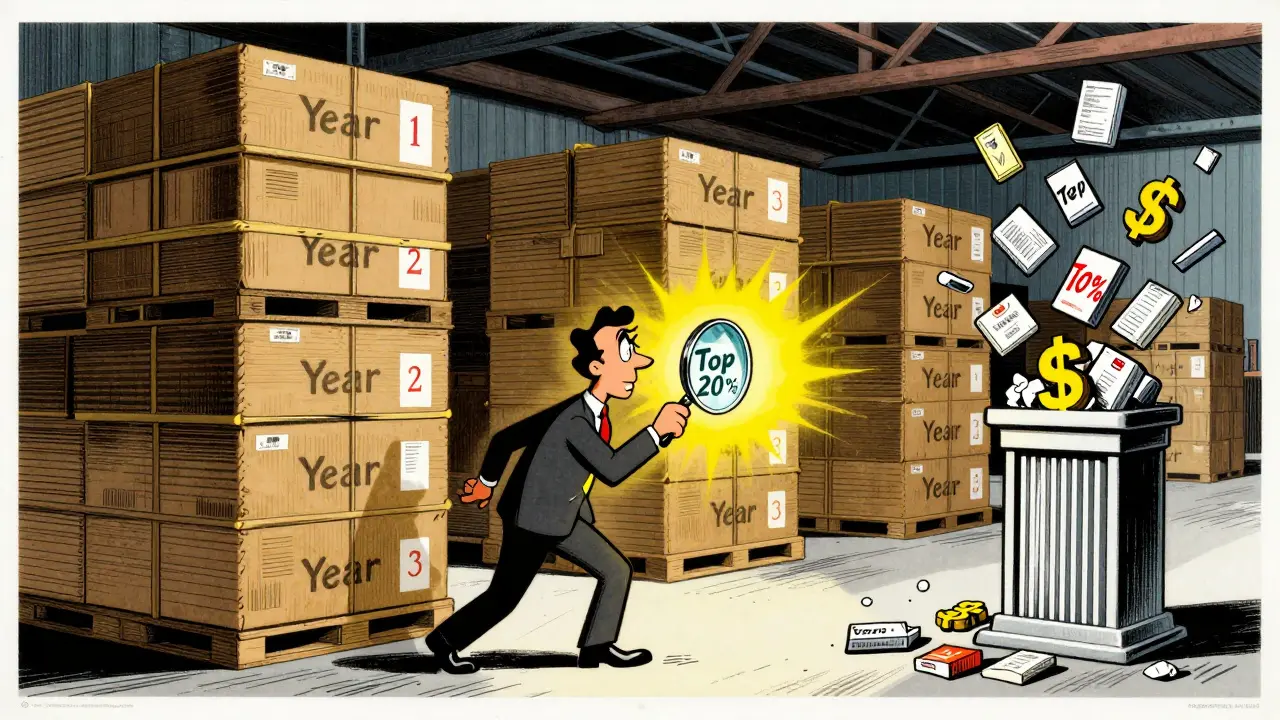 Склад с ненужными запасами, где только 20% товаров светятся, остальные уничтожаются.