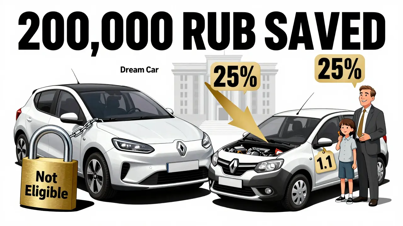 Слева — закованная дорогая машина, справа — скромная Рено с субсидией и учителем с ребенком.