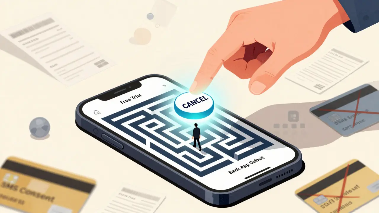 Смартфон открывает лабиринт скрытых подписок, где человек находит кнопку отмены.