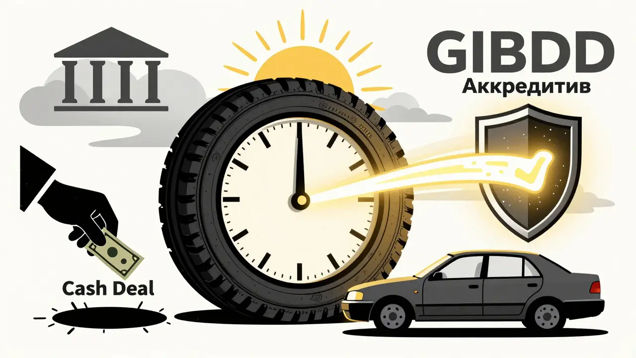 Сравнение рисков наличной сделки и безопасной цифровой регистрации автомобиля через аккредитив.