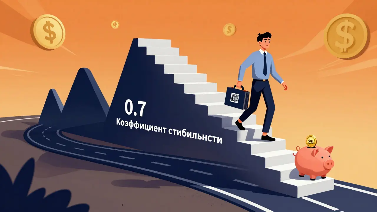 Стабильный доход как лестница рядом с нестабильным графиком, человек поднимается вверх с QR-кодом и первоначальным взносом.