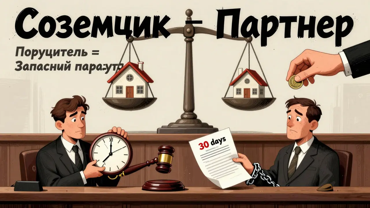 Судебный процесс между заемщиком и поручителем с символами просрочки и бремени долга.