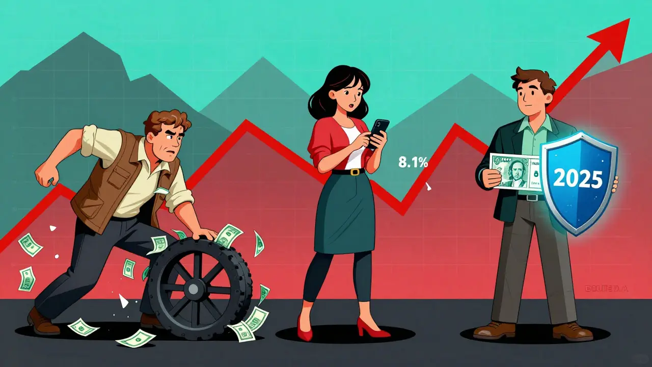 Три поколения россиян на временной шкале: 1990-е, 2014, 2025, с депозитами и графиками в стиле плаката.