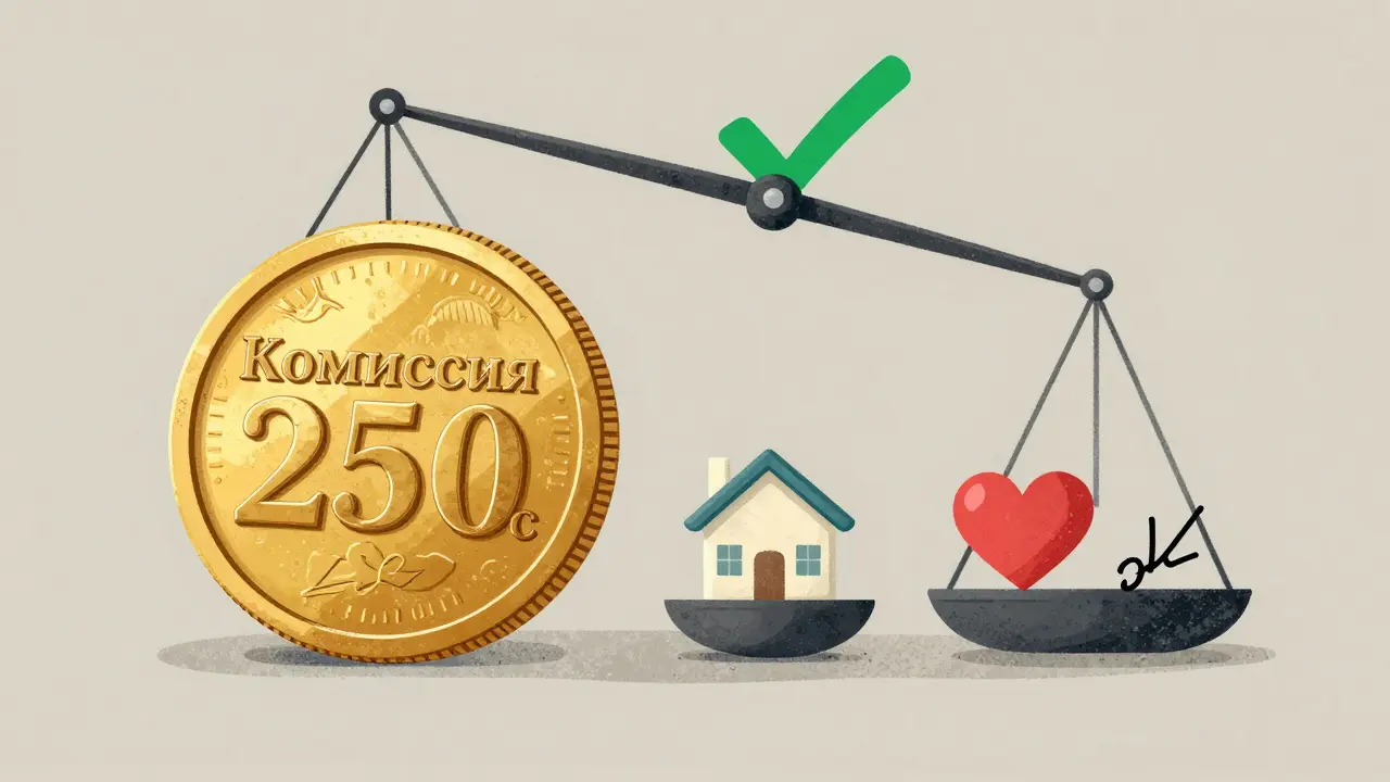 Весы показывают: тяжелая комиссия против трех бесплатных способов снизить ставку — графический плакат в стиле Польши 70-х.