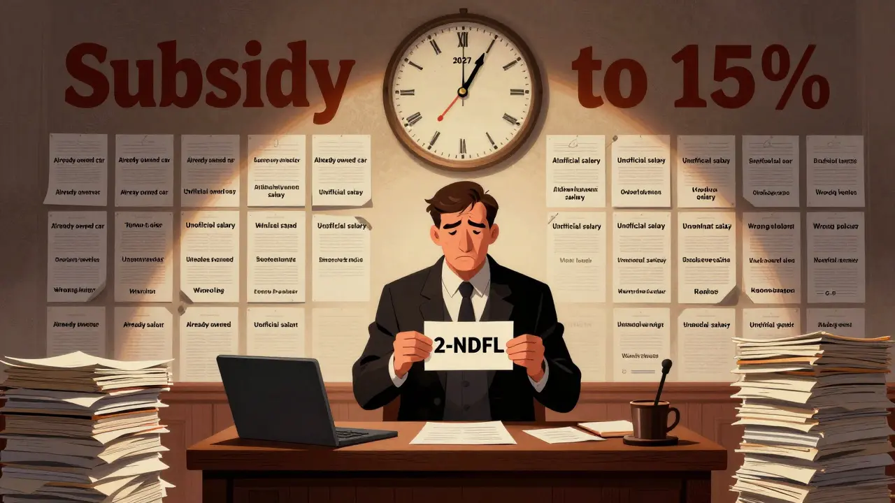 Заемщик в суде из бумаг, за ним — стена отказов, над головой — часы, показывающие 2027 год.