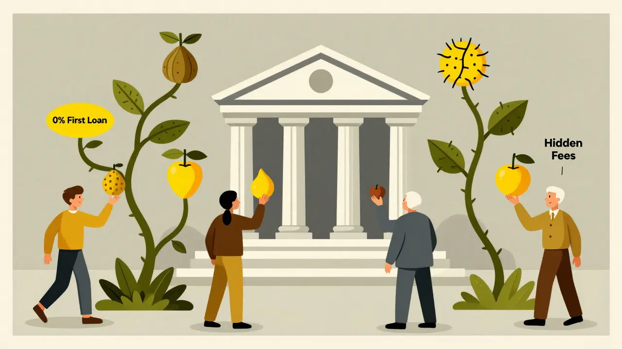 Банк с микрозаймовыми ветвями, люди выбирают кредиты, плоский графический стиль, предупреждающие цвета.