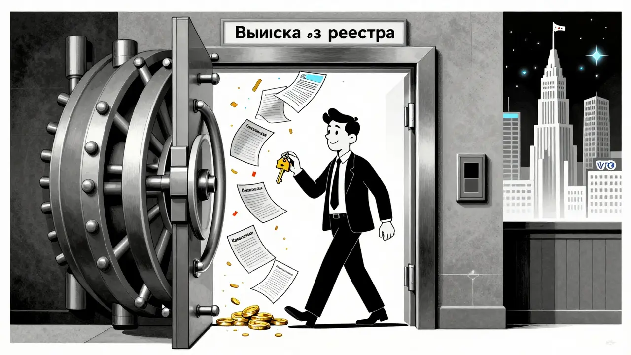 Банковский сейф открывается, выпуская документы, а человек идёт к ключу от дома в стиле польского плаката.