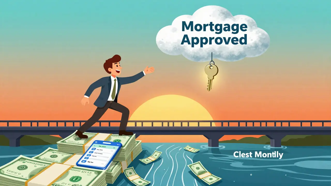 Человек идет по мосту из выписок к ключу от квартиры, под ним — два пути денежных потоков.