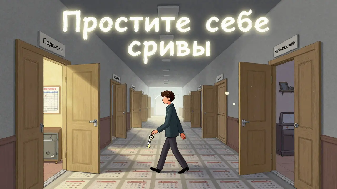 Человек открывает дверь с надписью 'Неделя', за ней — спокойный бюджетный уголок, остальные двери ведут в беспорядок.