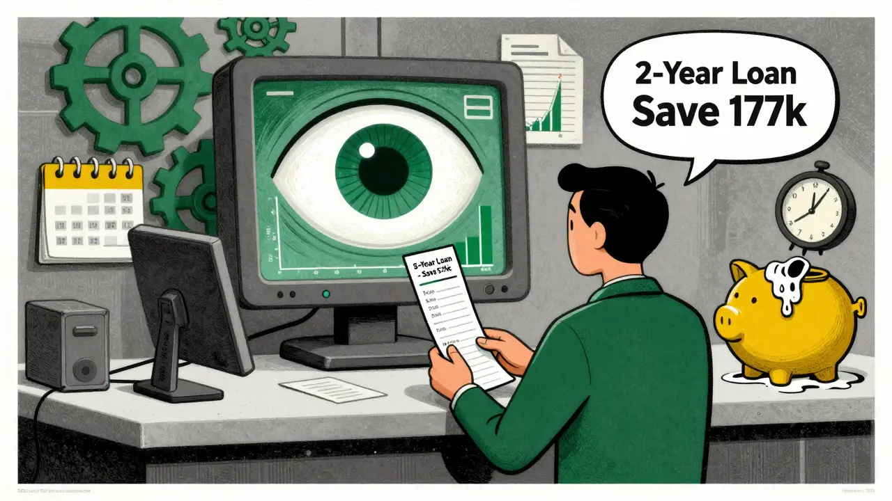 Человек в банке получает персонализированное предложение срока кредита, за спиной — ИИ-глаз и символы финансов.