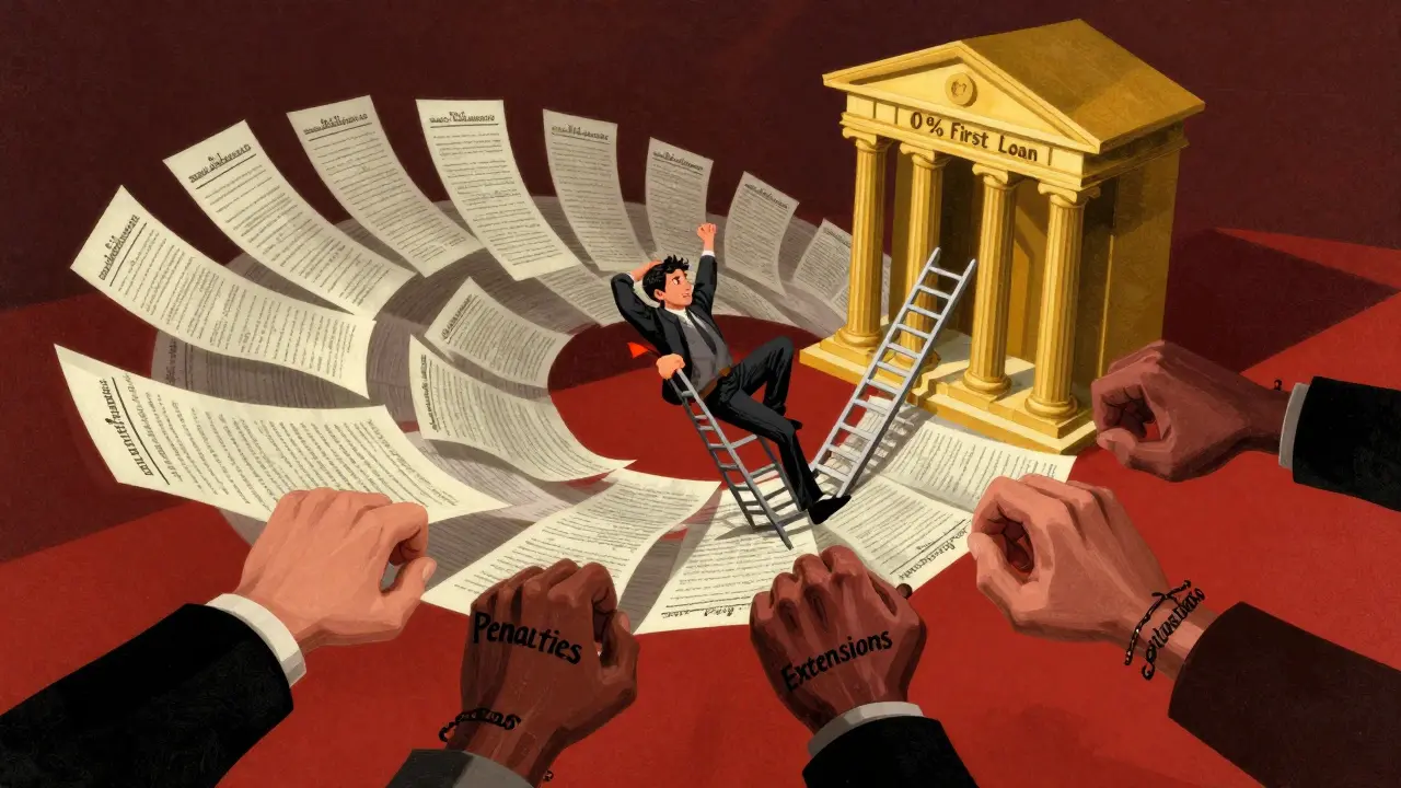 Человек в воронке долгов, лестница ведёт к банку, руки тянут вниз, мрачные тона, символический стиль.