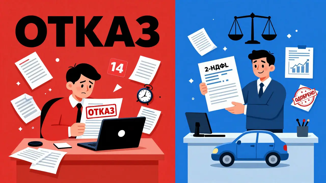 Два сценария: отказ банка слева и одобрение справа, с документами и часами