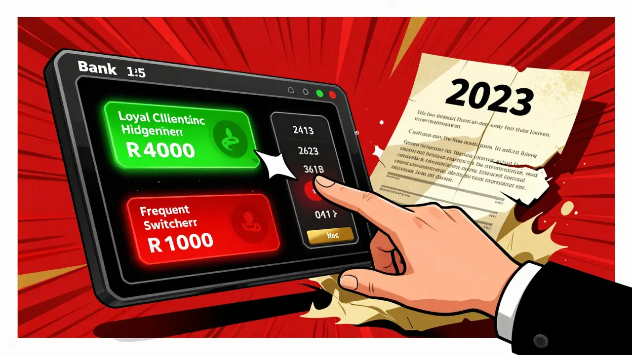 Футуристический интерфейс банка показывает персонализированные ставки в зависимости от истории клиента.